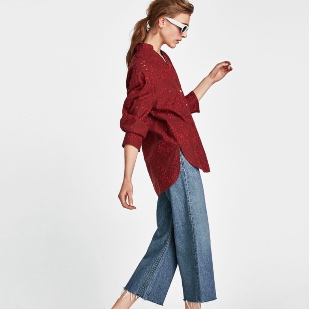 Zara Linen Blouse Women's X-Small Red Eyelet Button Up Shirt 3/4 Sleeve Cotton - Picture 3 of 7